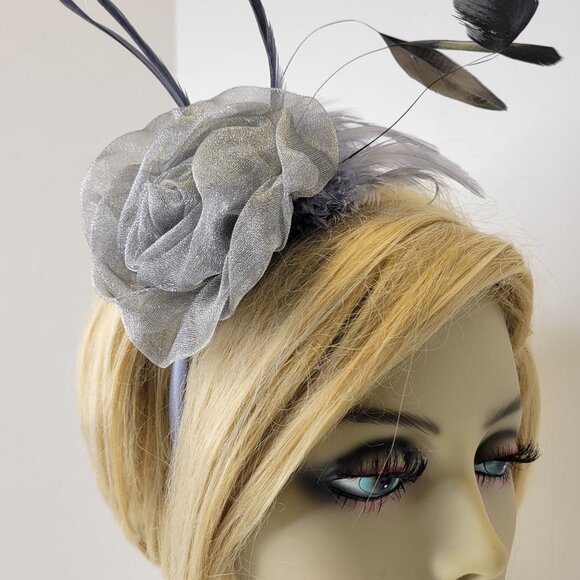 Silver Grey Rose Flower Headband Fascinator with Grey and Black Feathers - Picture 4 of 9